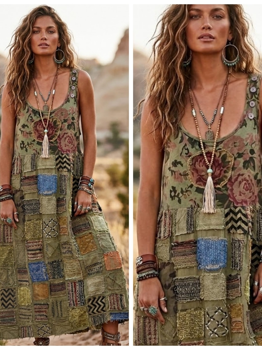 Boho Patchwork Maxi Dress in Olive Green